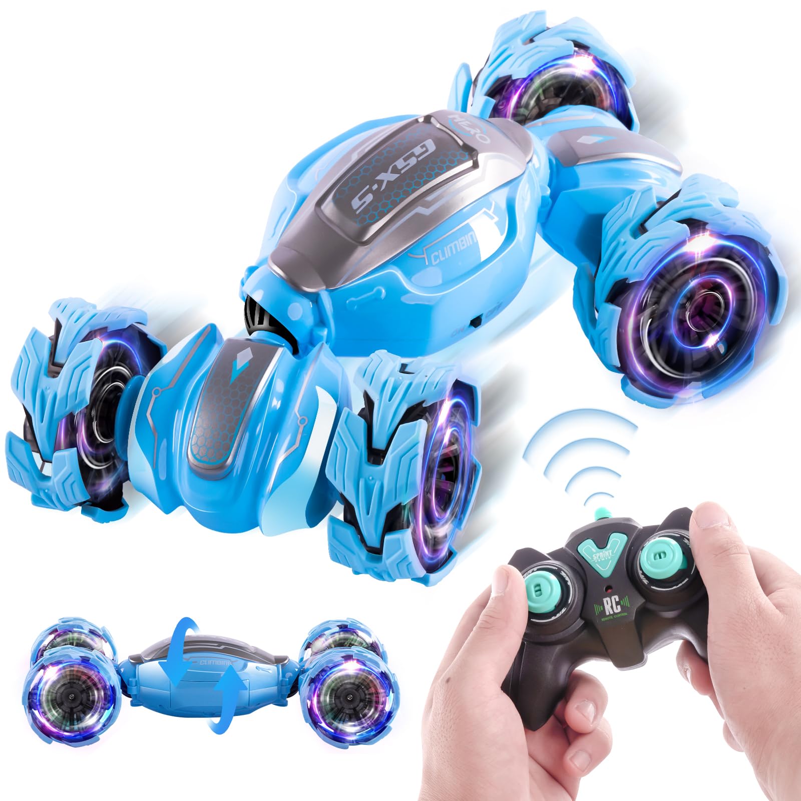 Blue LOYOBOHO 4WD RC stunt car with remote control