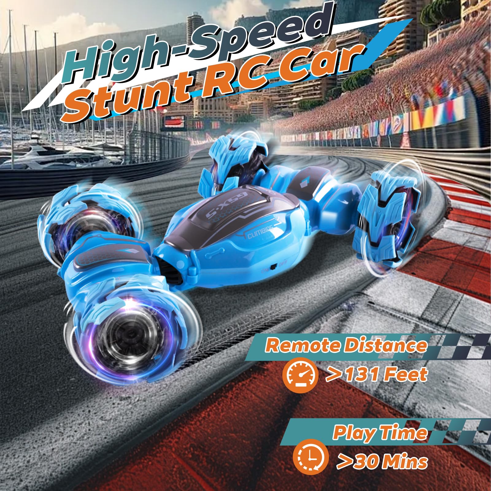 Blue RC stunt car twisting chassis feature