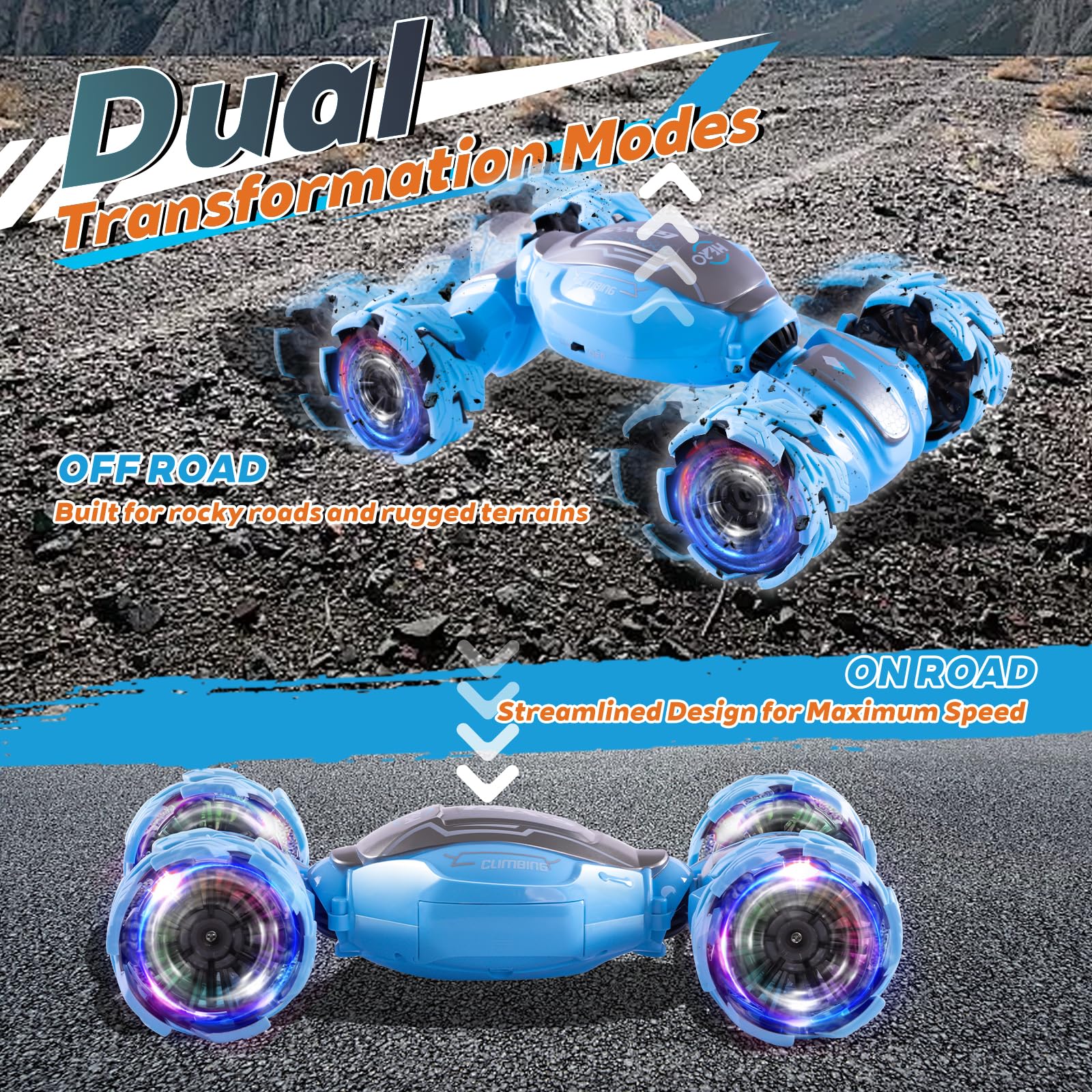 LED tyre lights on blue remote-control stunt car