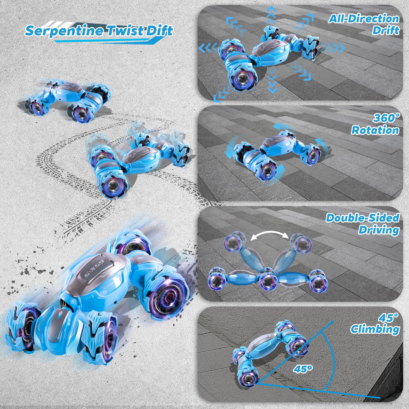 4WD blue stunt car driving on both sides