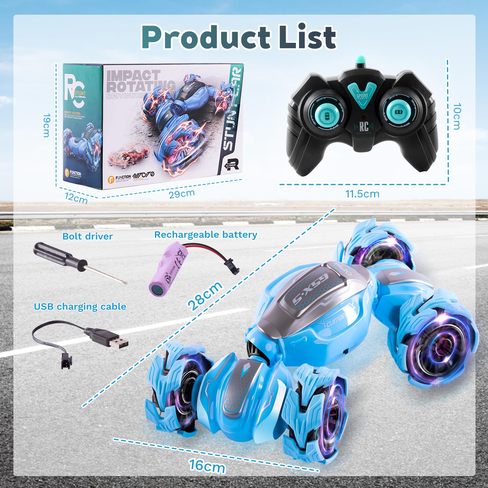 Blue LOYOBOHO remote-control stunt car in play